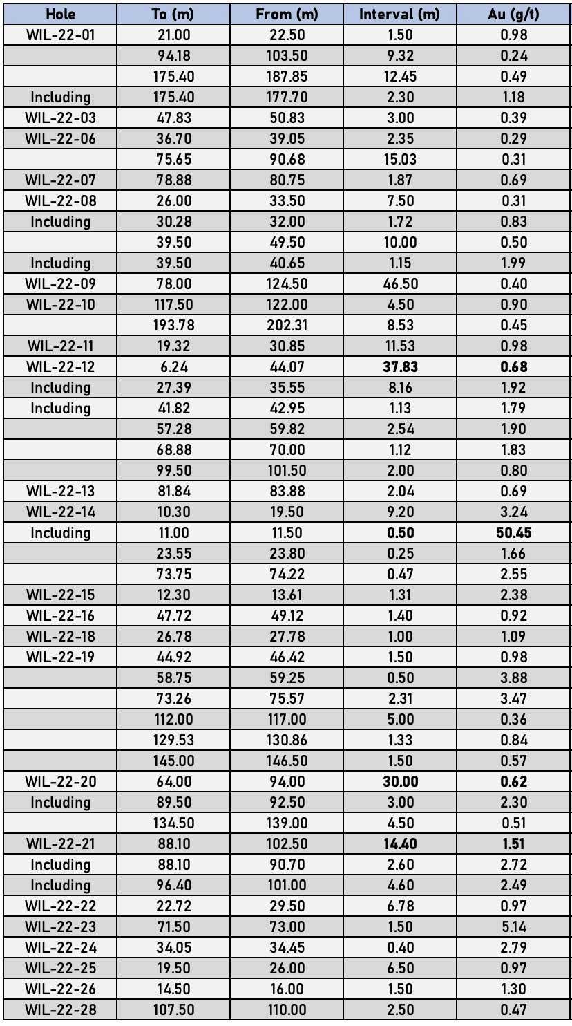 Table 1. Williams Project Drilling Intervals